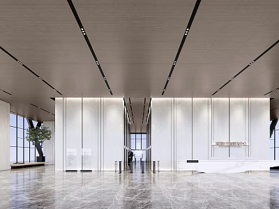 Modern Reception Hall Minimalist Design With Marble Floor Glass Partition And Green Plants 3d model