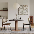 Minimalist Dining Room Interior With Round Wooden Table Woven Chairs Decorative Painting And Hanging Lamp