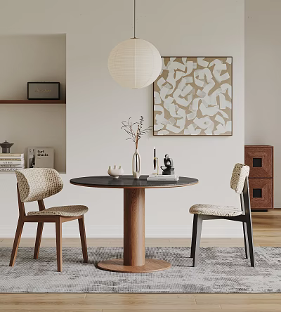 Minimalist Dining Room Interior With Round Wooden Table Woven Chairs Decorative Painting And Hanging Lamp 3d model