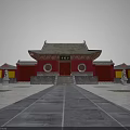 Ancient Chinese Architecture With Red Walls Circular Windows Traditional Roof And Stone Steps