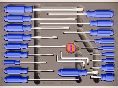 Complete Hand Tool Set With Blue Handle Screwdrivers And Various Sizes In Case 3d model