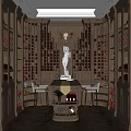Luxurious Wine Cellar with Wooden Wine Racks Center Table Chairs and Statue Decor