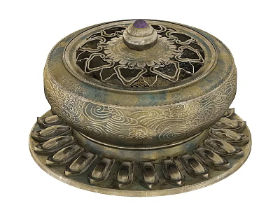Traditional Ceramic Vessel With Intricate Lid Patterns And Petal Shaped Base 3d model