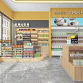 Supermarket Grocery Store with Fresh Fruits Bread Snacks Drinks and Cartoon Figure in Bright Interior