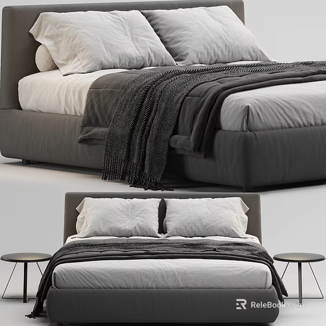 Modern Double Bed With Gray Frame White Pillows Dark Blanket And Bedside Tables 3d model