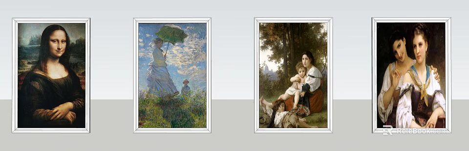 Figure Paintings Featuring Umbrella Lady Child In Grassland And Seated Mother With Children 3d model 
