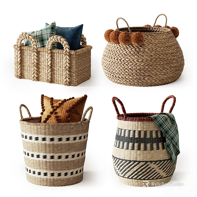 Woven Decorative Storage Baskets With Handles Pom Poms And Assorted Patterns For Home Organization 3d model