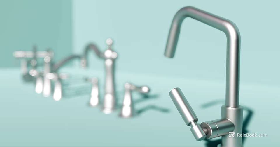 Stainless Steel Faucets With Different Styles On Display In Modern Setting 3d model