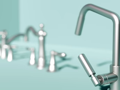 Stainless Steel Faucets With Different Styles On Display In Modern Setting 3d model