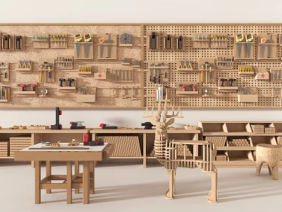 Hardware Tools Display With Organized Wall Mounted Racks Hooks Workbench And Wooden Furniture 3d model