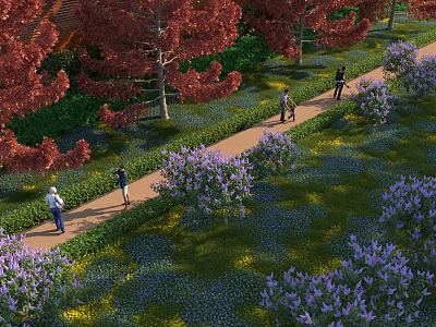 Scenic Park Landscape With Red-leaved Trees Green Shrubs Purple Flowers Path People Walking And Grass 3d model