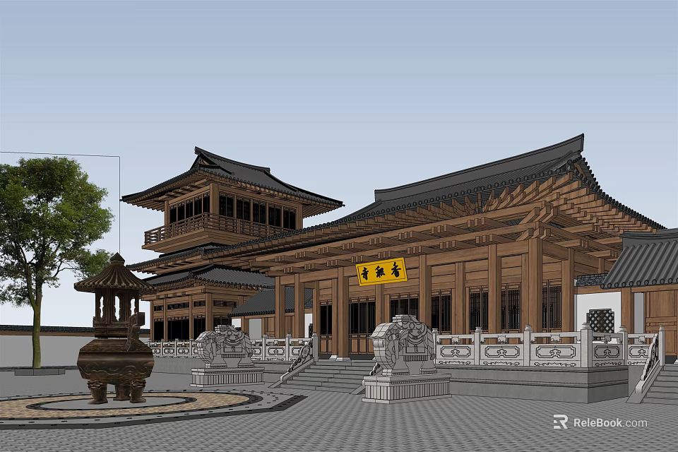 Ancient Chinese Architecture With Wooden Structure Overhanging Eaves Stone Lions And Courtyard 3d model 