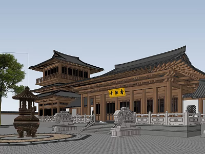 Ancient Chinese Architecture With Wooden Structure Overhanging Eaves Stone Lions And Courtyard 3d model