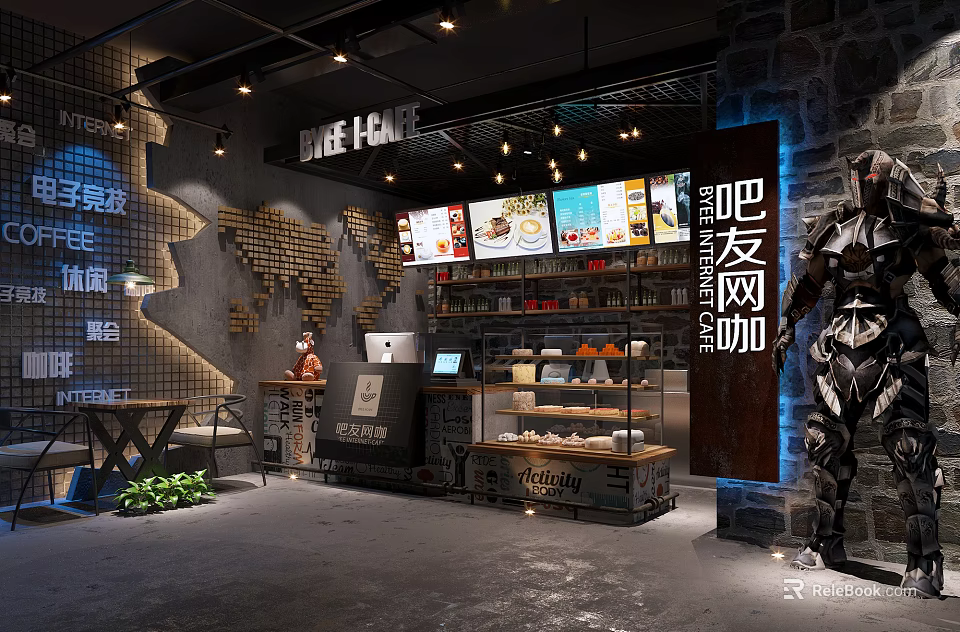 Modern Cyber Cafe Interior With Industrial Robot Sculpture Bar Counter Computer Stations And Ambient Lighting 3d model 