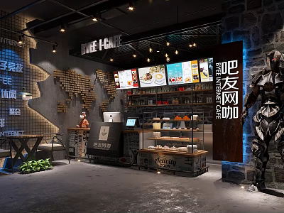 Modern Cyber Cafe Interior With Industrial Robot Sculpture Bar Counter Computer Stations And Ambient Lighting 3d model