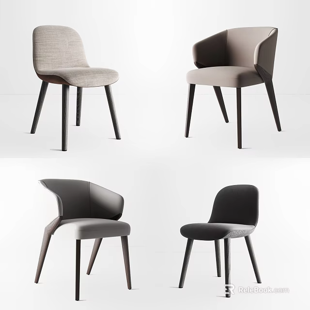 Modern Single Chairs Upholstered In Neutral Tones With Curved Back And Dark Tapered Legs 3d model 