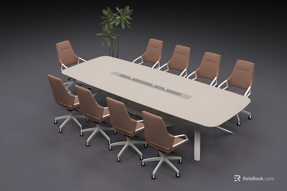 Modern Office Conference Table with Brown Swivel Chairs and Green Plant Decoration 3d model 