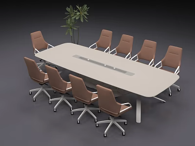 Modern Office Conference Table with Brown Swivel Chairs and Green Plant Decoration 3d model