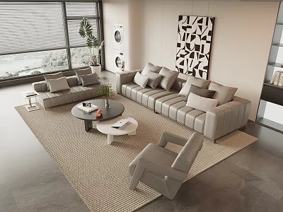 Modern Gray Sofa And Coffee Table Set With Area Rug Large Windows And Wall Art 3d model
