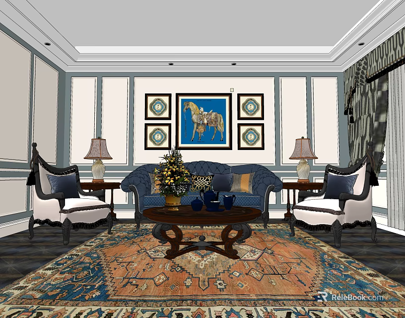 Traditional Living Room Sofa Coffee Table Set With Decorative Wall Art And Patterned Rug 3d model 