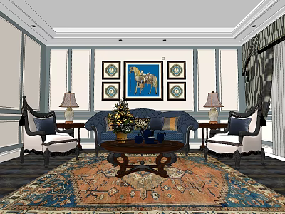 Traditional Living Room Sofa Coffee Table Set With Decorative Wall Art And Patterned Rug 3d model