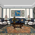 Traditional Living Room Sofa Coffee Table Set With Decorative Wall Art And Patterned Rug