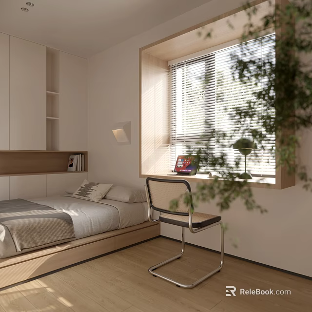 Minimalist Tatami Bedroom Interior With Tatami Bed Window Blinds Bookshelf Chair And Green Plant 3d model 