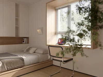 Minimalist Tatami Bedroom Interior With Tatami Bed Window Blinds Bookshelf Chair And Green Plant 3d model