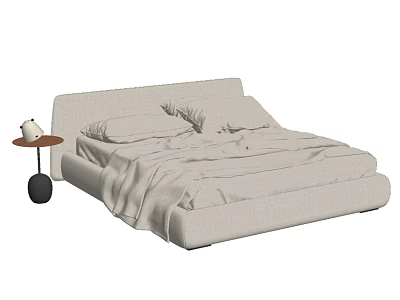 Modern Double Bed with Upholstered Headboard Pillows Duvet and Side Table with Lamp 3d model