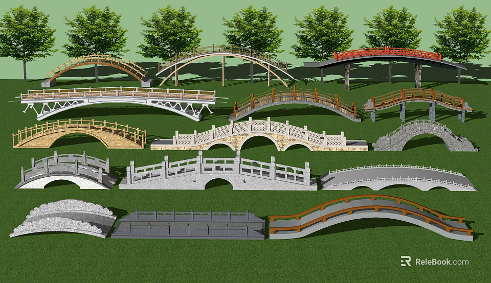 Various Types of Landscape Bridges With Different Designs in Green Grass and Trees 3d model 
