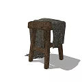 Rustic Wooden Stool With Textured Seat And Draped Fringed Blanket
