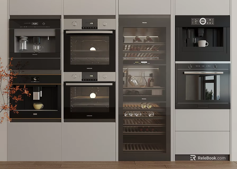 Modern Kitchen With Built in Oven Coffee Machine Wine Cooler And Sleek Electrical Appliances 3d model 