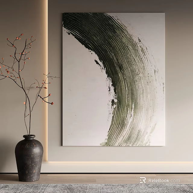 Abstract Green Brushstroke Painting With Black Vase In Modern Interior 3d model 