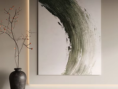 Abstract Green Brushstroke Painting With Black Vase In Modern Interior 3d model