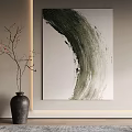 Abstract Green Brushstroke Painting With Black Vase In Modern Interior