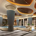 Luxurious SPA Sauna Interior With Circular Pool Decorative Columns And Wooden Ceiling