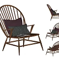 Wooden Slat Back Leisure Chair With Gray Cushion And Magazine Displayed In Multiple Angles