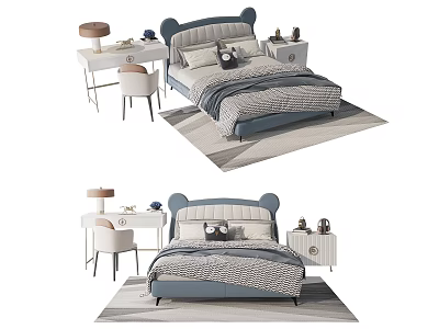 Kids Bed With Bear Ears Blue Gray Design Cozy Bedding And Matching Desk Chair 3d model