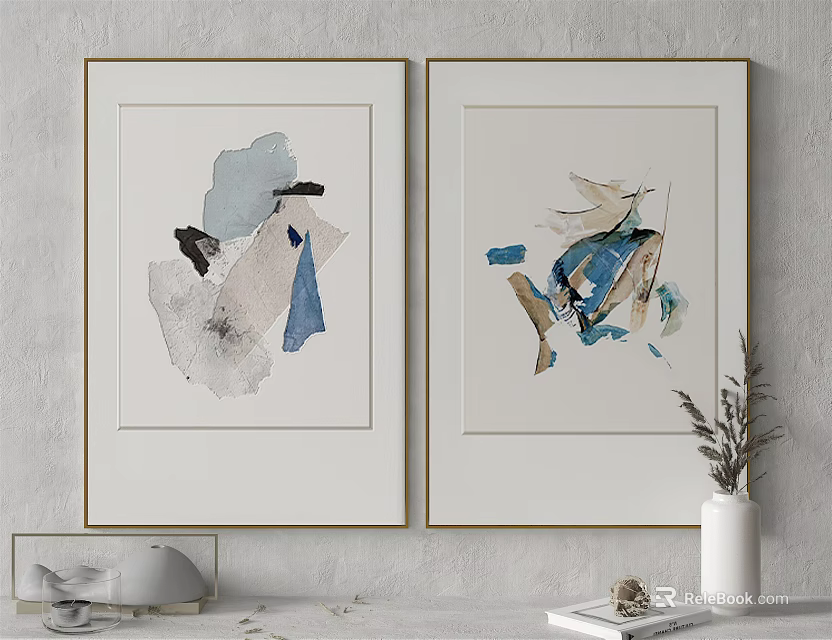 Two Abstract Framed Artworks With Golden Frames And Decorative Vase 3d model