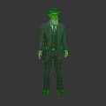 Male Character In Suit With Black Hat Beard And Green Tie Standing Against Dark Background