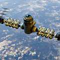 Orbiting Space Station Structure With Solar Panels And Earth Background