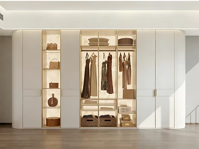 Modern Walk in Closet Interior Design With Hanging Clothes Storage Shelves And Bags 3d model