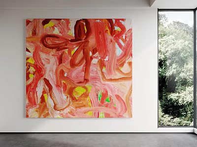 Colorful Abstract Art In Modern Room With Window And Natural Landscape 3d model