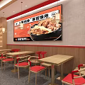 Bright Restaurant Interior With Red Decor Wooden Tables And Food Posters