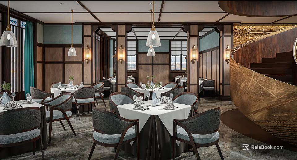 Elegant Restaurant Interior With Dining Tables Gray Chairs Pendant Lights And Table Settings 3d model 