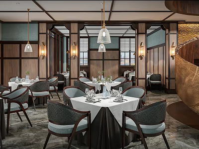 Elegant Restaurant Interior With Dining Tables Gray Chairs Pendant Lights And Table Settings 3d model
