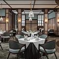 Elegant Restaurant Interior With Dining Tables Gray Chairs Pendant Lights And Table Settings