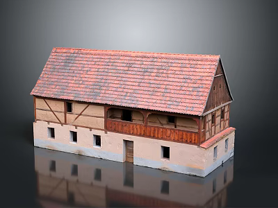 Traditional Model House With Red Tiled Roof Wooden Structure And Beige Walls 3d model