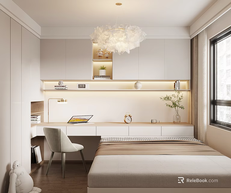 Modern Tatami Bedroom Interior Design With Hanging Chandelier Writing Desk And Built-in Bookshelf 3d model 