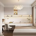 Modern Tatami Bedroom Interior Design With Hanging Chandelier Writing Desk And Built-in Bookshelf